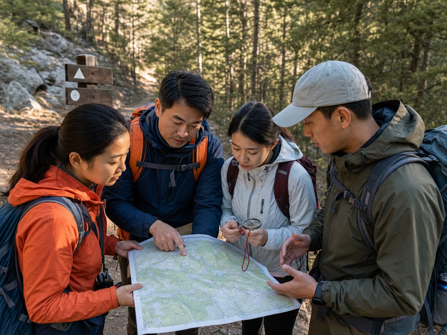 团队在森林路口共同查看地图与指北针